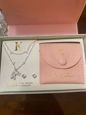 Initial 'K' Silver-Plated Necklace  and Cubic Zirconia Earrings with Pink Pouch